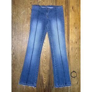 Y2K Blue Denim Flare Jeans Front Seam Raw Hem Exposed Zipper Waistband